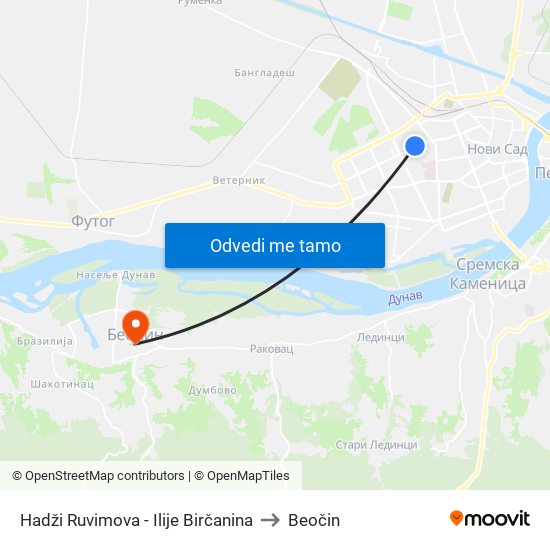 Hadži Ruvimova - Ilije Birčanina to Beočin map