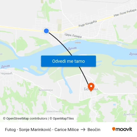 Futog - Sonje Marinković - Carice Milice to Beočin map