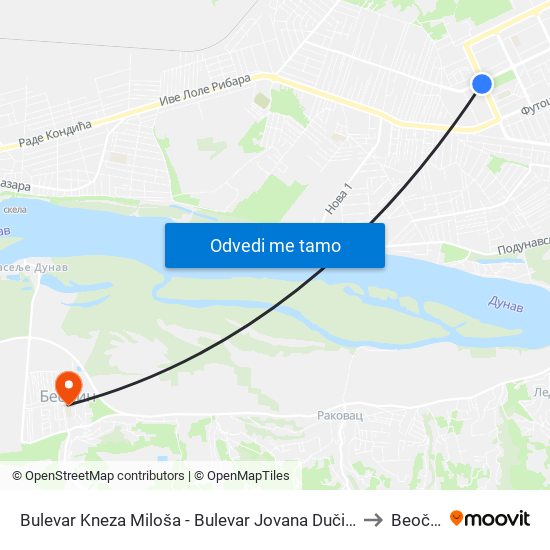 Bulevar Kneza Miloša - Bulevar Jovana Dučića to Beočin map