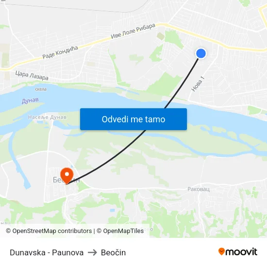 Dunavska - Paunova to Beočin map