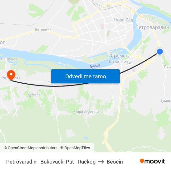 Petrovaradin - Bukovački Put - Račkog to Beočin map