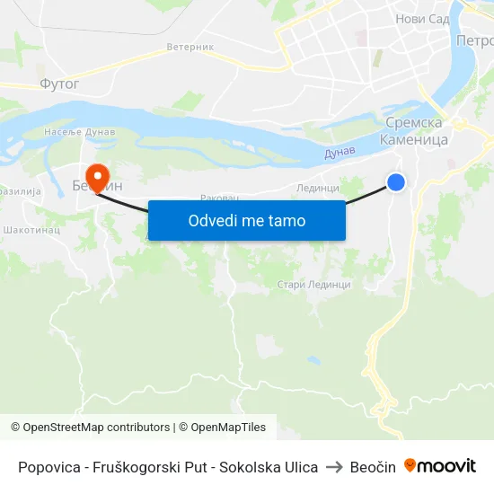 Popovica - Fruškogorski Put - Sokolska Ulica to Beočin map