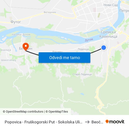 Popovica - Fruškogorski Put - Sokolska Ulica to Beočin map