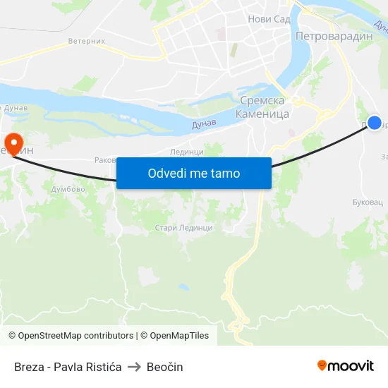 Breza - Pavla Ristića to Beočin map