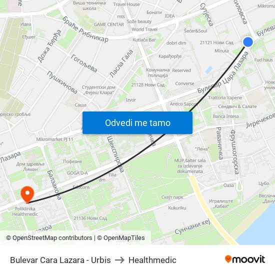 Bulevar Cara Lazara - Urbis to Healthmedic map