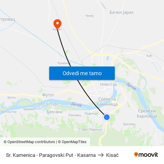 Sr. Kamenica - Paragovski Put - Kasarna to Kisač map