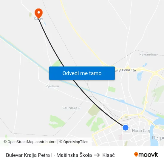 Bulevar Kralja Petra I - Mašinska Škola to Kisač map