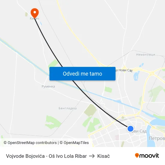 Vojvode Bojovića - Oš Ivo Lola Ribar to Kisač map