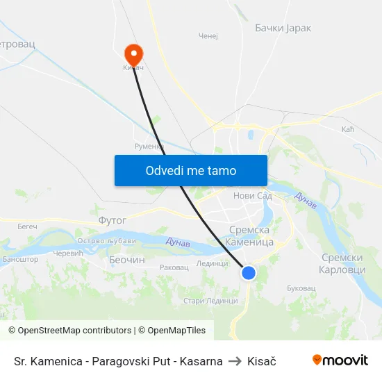 Sr. Kamenica - Paragovski Put - Kasarna to Kisač map