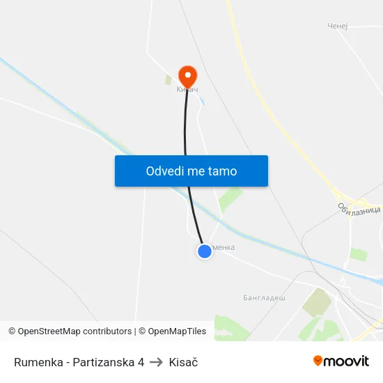 Rumenka - Partizanska 4 to Kisač map