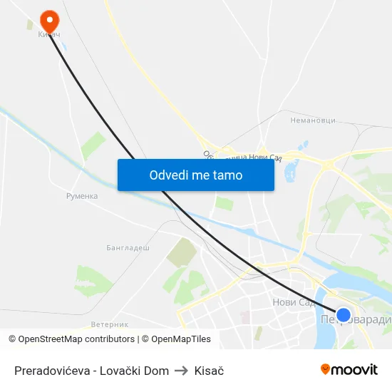 Preradovićeva - Lovački Dom to Kisač map