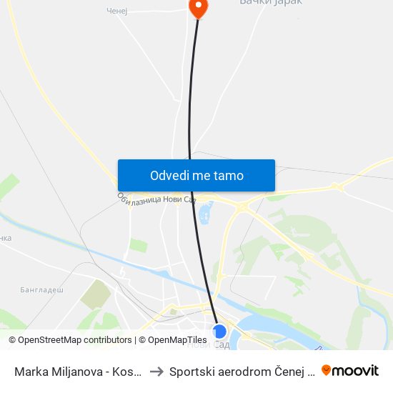 Marka Miljanova - Kosovska to Sportski aerodrom Čenej (QND) map