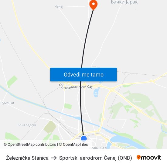 Železnička Stanica to Sportski aerodrom Čenej (QND) map