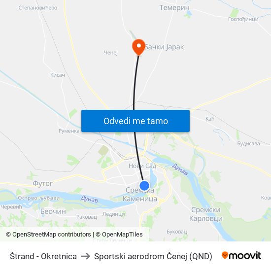 Štrand - Okretnica to Sportski aerodrom Čenej (QND) map