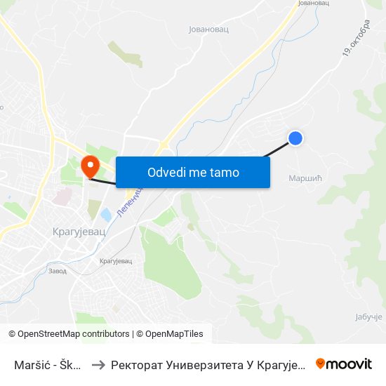 Maršić - Škola to Ректорат Универзитета У Крагујевцу map