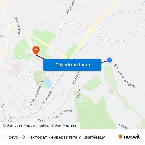 Ilićevo to Ректорат Универзитета У Крагујевцу map