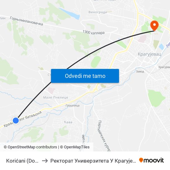 Korićani (Dom) to Ректорат Универзитета У Крагујевцу map