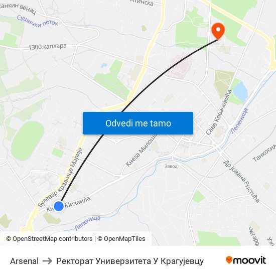 Arsenal to Ректорат Универзитета У Крагујевцу map