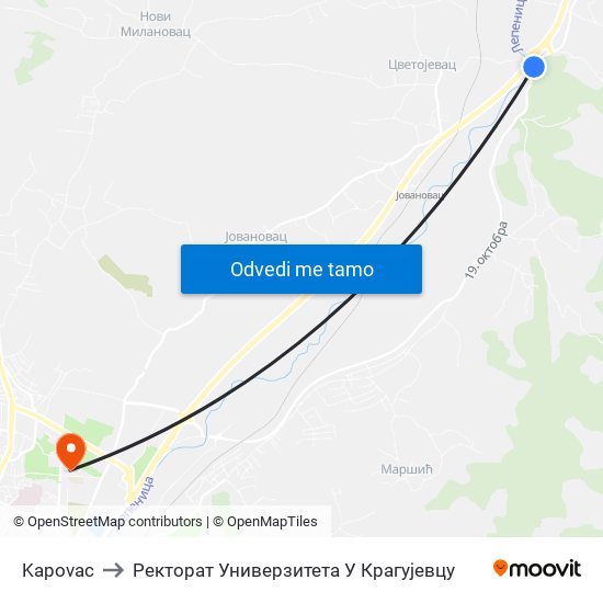 Kapovac to Ректорат Универзитета У Крагујевцу map