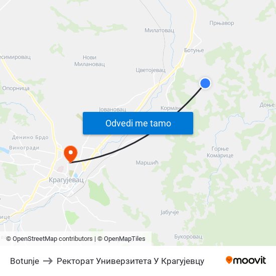 Botunje to Ректорат Универзитета У Крагујевцу map