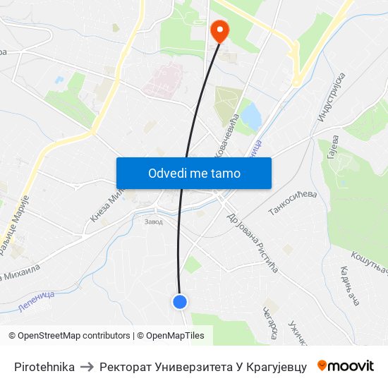 Pirotehnika to Ректорат Универзитета У Крагујевцу map