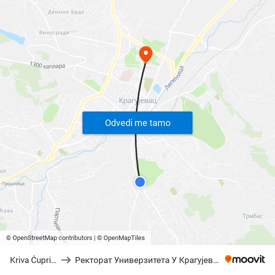 Kriva Ćuprija to Ректорат Универзитета У Крагујевцу map