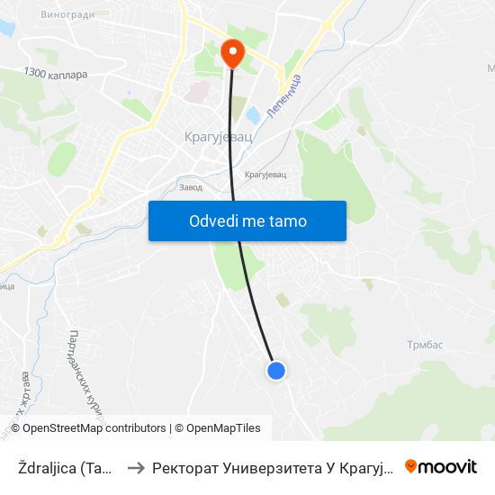 Ždraljica (Tabla) to Ректорат Универзитета У Крагујевцу map