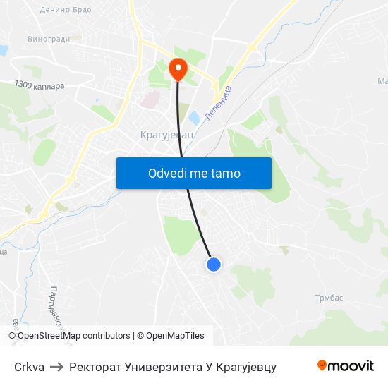 Crkva to Ректорат Универзитета У Крагујевцу map