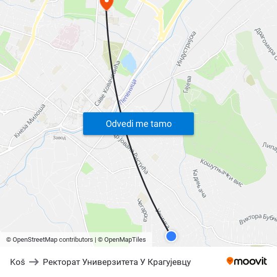 Koš to Ректорат Универзитета У Крагујевцу map