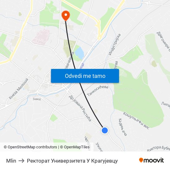 Mlin to Ректорат Универзитета У Крагујевцу map