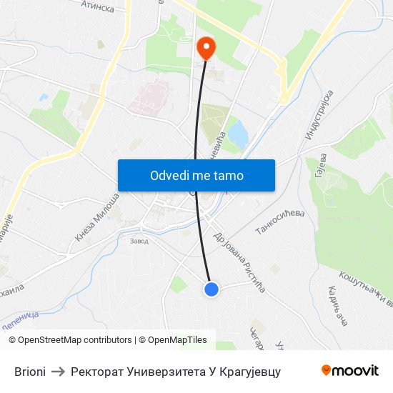 Brioni to Ректорат Универзитета У Крагујевцу map