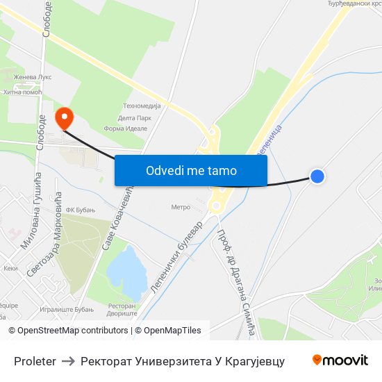 Proleter to Ректорат Универзитета У Крагујевцу map