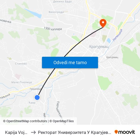 Kapija Vojna to Ректорат Универзитета У Крагујевцу map