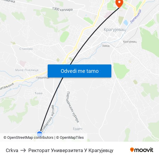 Crkva to Ректорат Универзитета У Крагујевцу map