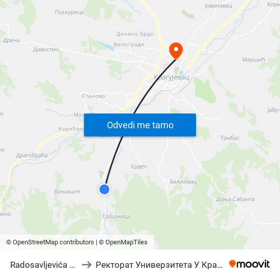 Radosavljevića Kuća to Ректорат Универзитета У Крагујевцу map