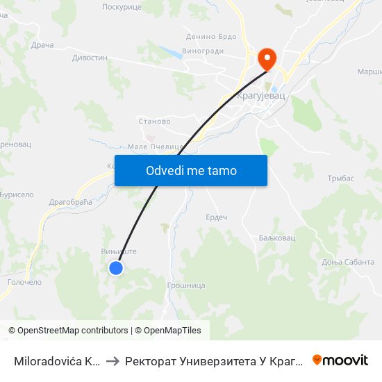 Miloradovića Kuća to Ректорат Универзитета У Крагујевцу map