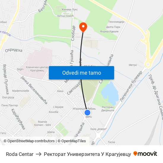 Roda Centar to Ректорат Универзитета У Крагујевцу map