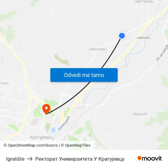 Igralište to Ректорат Универзитета У Крагујевцу map