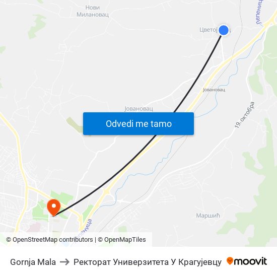 Gornja Mala to Ректорат Универзитета У Крагујевцу map