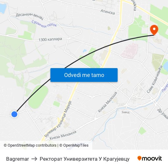 Bagremar to Ректорат Универзитета У Крагујевцу map