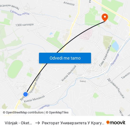 Višnjak - Oketnica to Ректорат Универзитета У Крагујевцу map