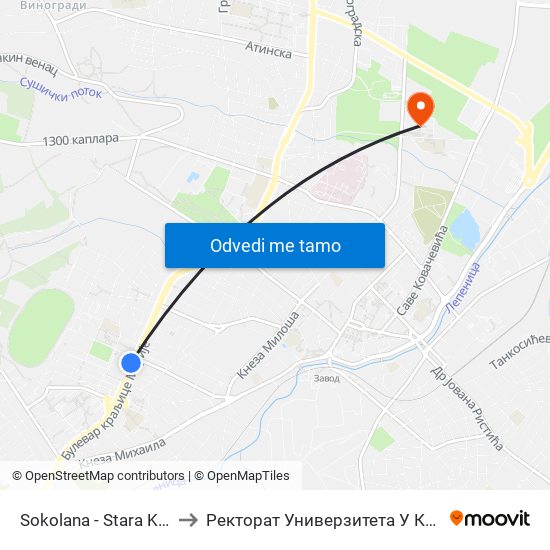 Sokolana - Stara Kolonija to Ректорат Универзитета У Крагујевцу map