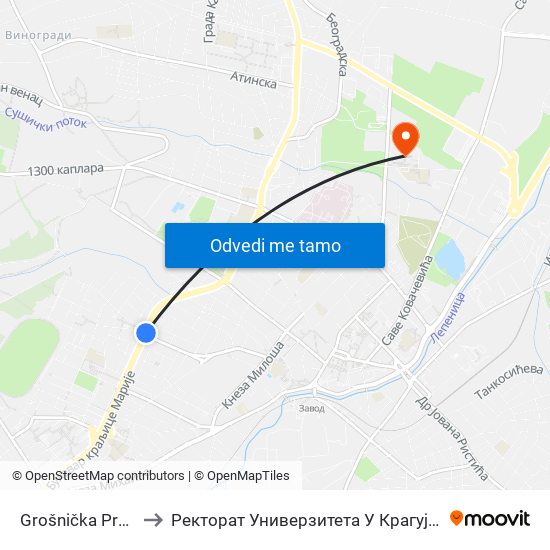 Grošnička Pruga to Ректорат Универзитета У Крагујевцу map