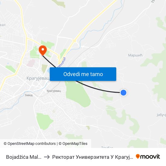 Bojadžića Mala 2 to Ректорат Универзитета У Крагујевцу map