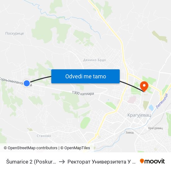 Šumarice 2 (Poskurički Put) to Ректорат Универзитета У Крагујевцу map