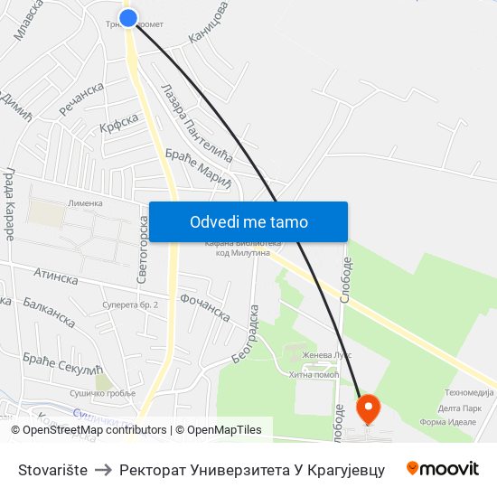 Stovarište to Ректорат Универзитета У Крагујевцу map