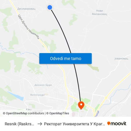 Resnik (Raskrsnica) to Ректорат Универзитета У Крагујевцу map