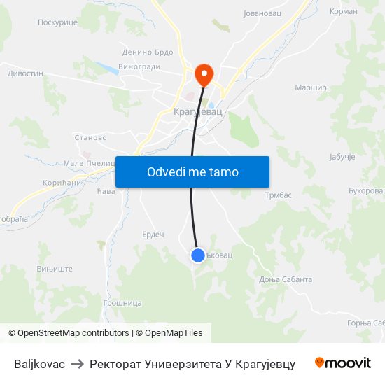 Baljkovac to Ректорат Универзитета У Крагујевцу map