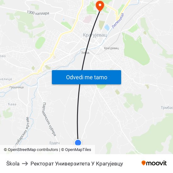 Škola to Ректорат Универзитета У Крагујевцу map