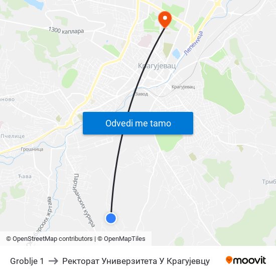 Groblje 1 to Ректорат Универзитета У Крагујевцу map